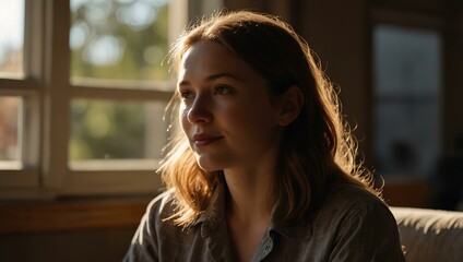 Woman sitting by a window with sunlight streaming in.