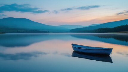 A serene lakeside scene at dawn with a solitary boat reflecting in calm waters.