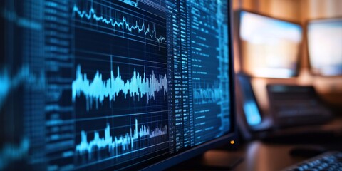A closeup of a highresolution digital seismograph shows detailed earthquake data on a monitor, highlighting waveform patterns and seismic analysis essential for understanding seismic activities