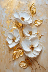 White flowers on a beige and gold background, oil painting on canvas with a palette knife