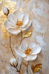 White flowers on a beige and gold background, oil painting on canvas with a palette knife