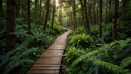 Obraz premium Wooden path in a lush forest.