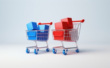 Two shopping carts, one red and one blue, each filled with boxes.