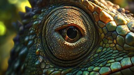 Close-up of a reptilian eye showcasing intricate textures and vibrant colors.