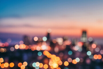 The lights of the night city. Blurred background. Lanterns on the street. big city lights in the twilight evening with blurring. Colorful circles of light abstract. circular bokeh on blue horizon.