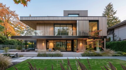 Fototapeta premium Modern Wooden House with a Garden