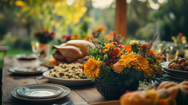 Thanksgiving Day feast featuring turkey, stuffing, and vibrant flowers in a cozy outdoor setting