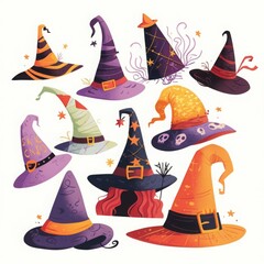 A playful and festive Halloween clipart featuring a stack of colorful witch's hats in various patterns and designs. This cartoon-style illustration captures the whimsical spirit of Halloween