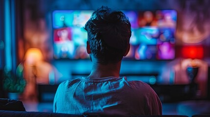 A Man Sitting In Front Of A Television With A Blurred Screen