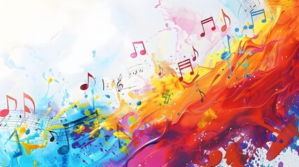 Vibrant Explosion of Colorful Paint and Musical Notes in Abstract Background