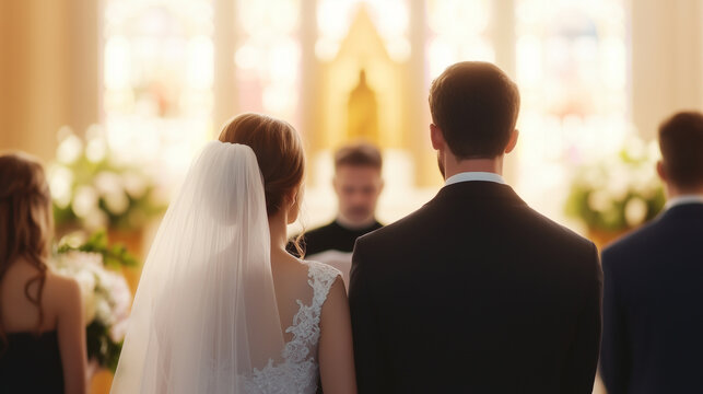 A couple standing before a pastor in a beautifully decorated church during their Christian wedding ceremony. Friends and family surround them as they exchange vows and rings, with