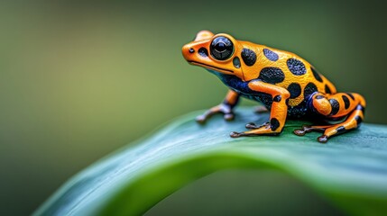 Fototapeta premium A vibrant orange and black spotted frog perched on a green leaf, showcasing its natural beauty.