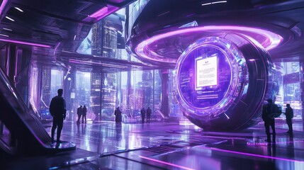A futuristic graduation ceremony with holographic diplomas and advanced tech surroundings, set in a sci-fi world