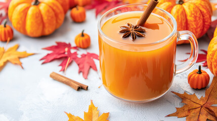 Warm autumn drink in glass mug surrounded by colorful pumpkins and fall leaves on a light background