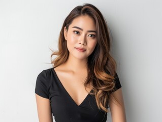 Naklejka premium Portrait of a confident young woman with long hair, wearing a black dress, set against a light background, exuding professionalism.
