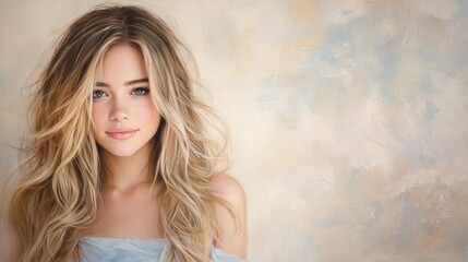 Fototapeta premium Portrait of a young woman with long, flowing hair and a soft, natural look against a muted background, embodying beauty and confidence.