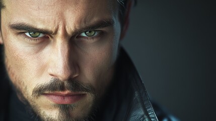 Fototapeta premium Intense portrait of a man with striking green eyes, showcasing a serious expression and detailed facial features.