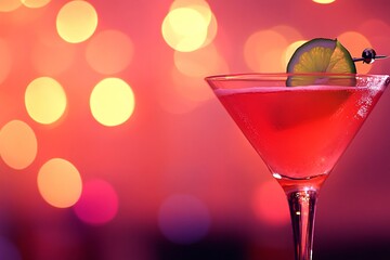 Red Cocktail with Lime Garnish and Bokeh Lights