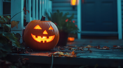Obraz premium Jack-o'-lantern glowing on a porch.