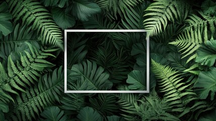 Lush green foliage background with a blank frame for text or image placement.