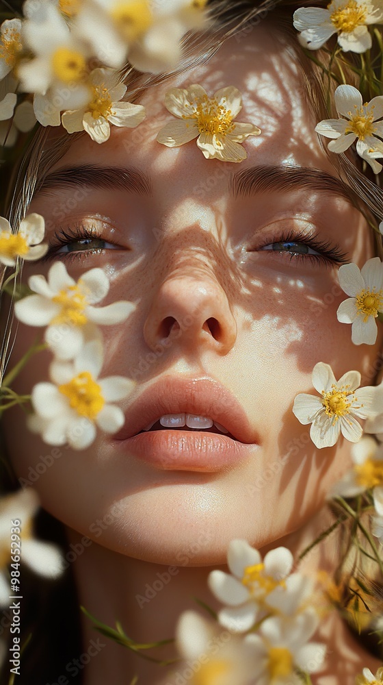 Wall mural Woman Surrounded by Daisies in Sunlight