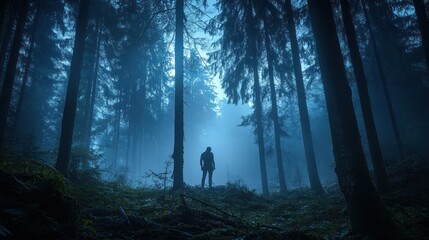 A figure stands in a misty forest, surrounded by tall trees and a mysterious atmosphere.