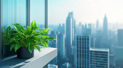 Green plant on the edge of a modern highrise glazed building and view of a business center city in background representing modernity and design in finance and industrial company backdrop