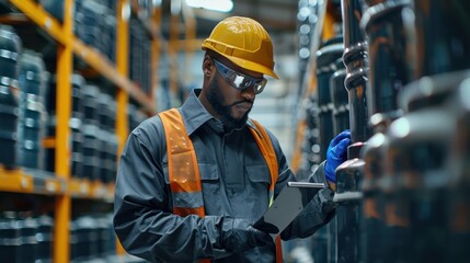 Factory manager inspecting inventory in a large warehouse, ensuring efficient stock management before dispatching goods for delivery.