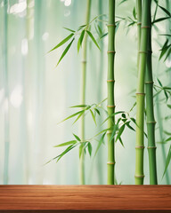 Fototapeta premium wooden tabletop with bamboo background