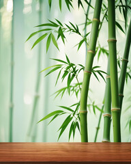 Naklejka premium wooden tabletop with bamboo background