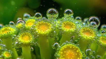 Close-up of vibrant green plant structures surrounded by bubbles.