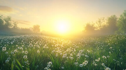 Sunlit Meadow with White Wildflowers and Foggy Trees at Dawn