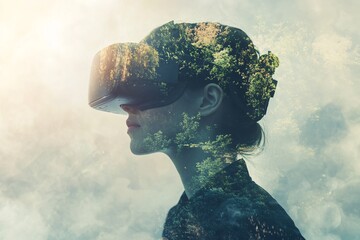 Woman In VR Headset With Overlaid Nature Scenery