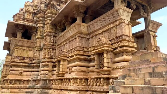Lakshmana temple in khajuraho the group of monuments of hindu and jain temples in chhatarpur district, madhya pradesh, India.Unesco world heritage site.