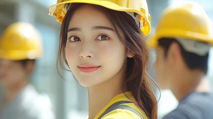 A young Asian forewoman discusses sustainable building solutions with a middle-aged foreman