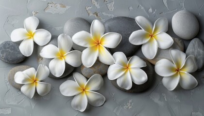 Naklejka premium A serene composition featuring frangipani flowers delicately arranged on spa stones against a soft