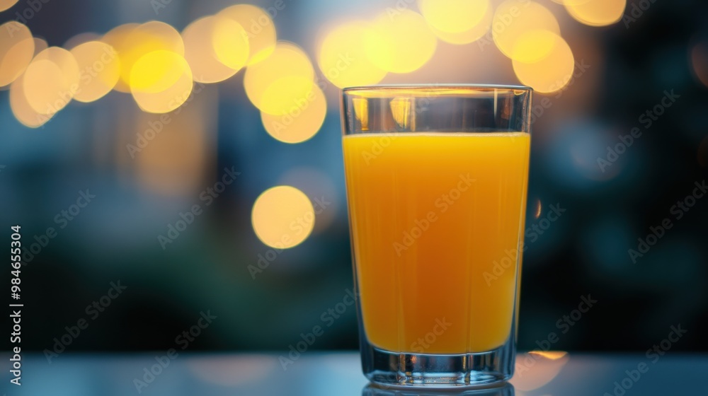 Sticker A glass of orange juice sits elegantly against a backdrop of soft, glowing lights.