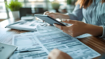 Fototapeta premium Tax and VAT concept. Businessman uses tablet to complete individual income tax return form online for tax payment. Financial research, government taxes, and calculation of tax return.