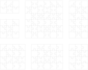 Illustration of seven white puzzles, separate parts
