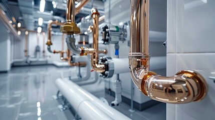 Shiny Copper Pipes and Plumbing Fittings in a Modern Industrial Setting