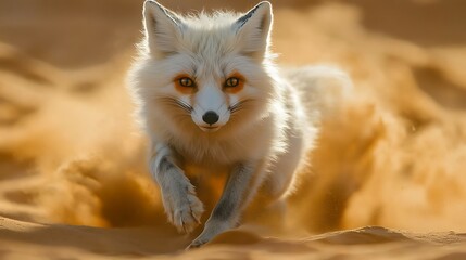 Obraz premium A white fox with orange eyes runs through a desert with sand kicking up around it.