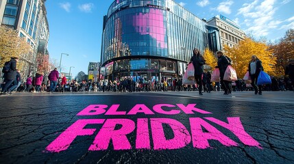 A close-up of a pink Black Friday inscription on the asphalt against a background of blurred people with colorful bags. The concept of discounts and sales