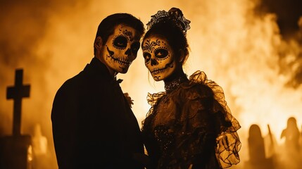 A couple with sugar skull makeup poses dramatically against a fiery backdrop.