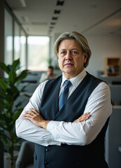 nordic career trajectory, formal business wear vest and tie, older chief financial officer collaborates, faded background during mid-morning, precise visual structure, portrait