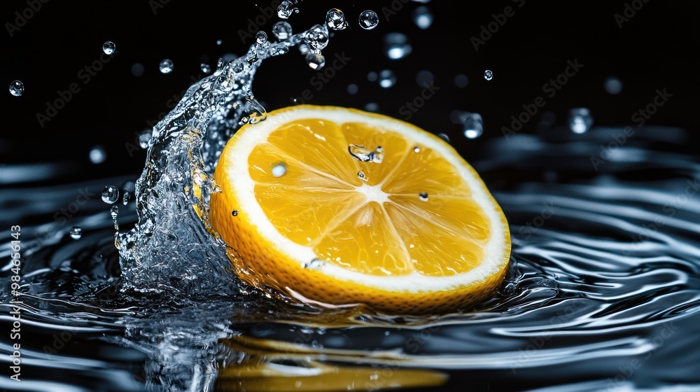 Canvas Prints A fresh lemon slice splashes into water, creating dynamic ripples and droplets.