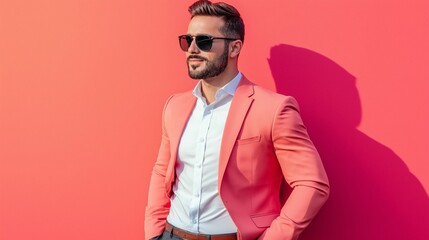 Obraz premium Stylish man in coral suit with sunglasses against bright coral wall
