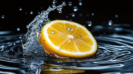 A fresh lemon slice splashes into water, creating dynamic ripples and droplets.