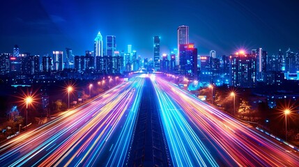 Fototapeta premium Cityscape with Illuminated Highway and Light Trails at Night