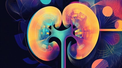 A kidney illustration with geometric patterns, combining organic and mathematical shapes to represent the structure of the kidney.
