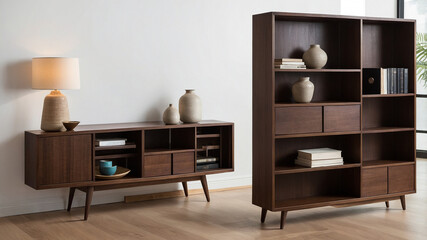 Modern wooden bookshelf with various decor items and books in a well-lit room with large windows.